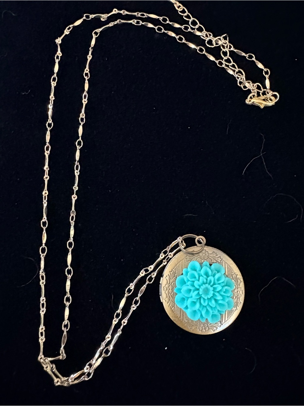 Gold Locket Necklace with Turquoise Flower Pendant - Women Jewelry